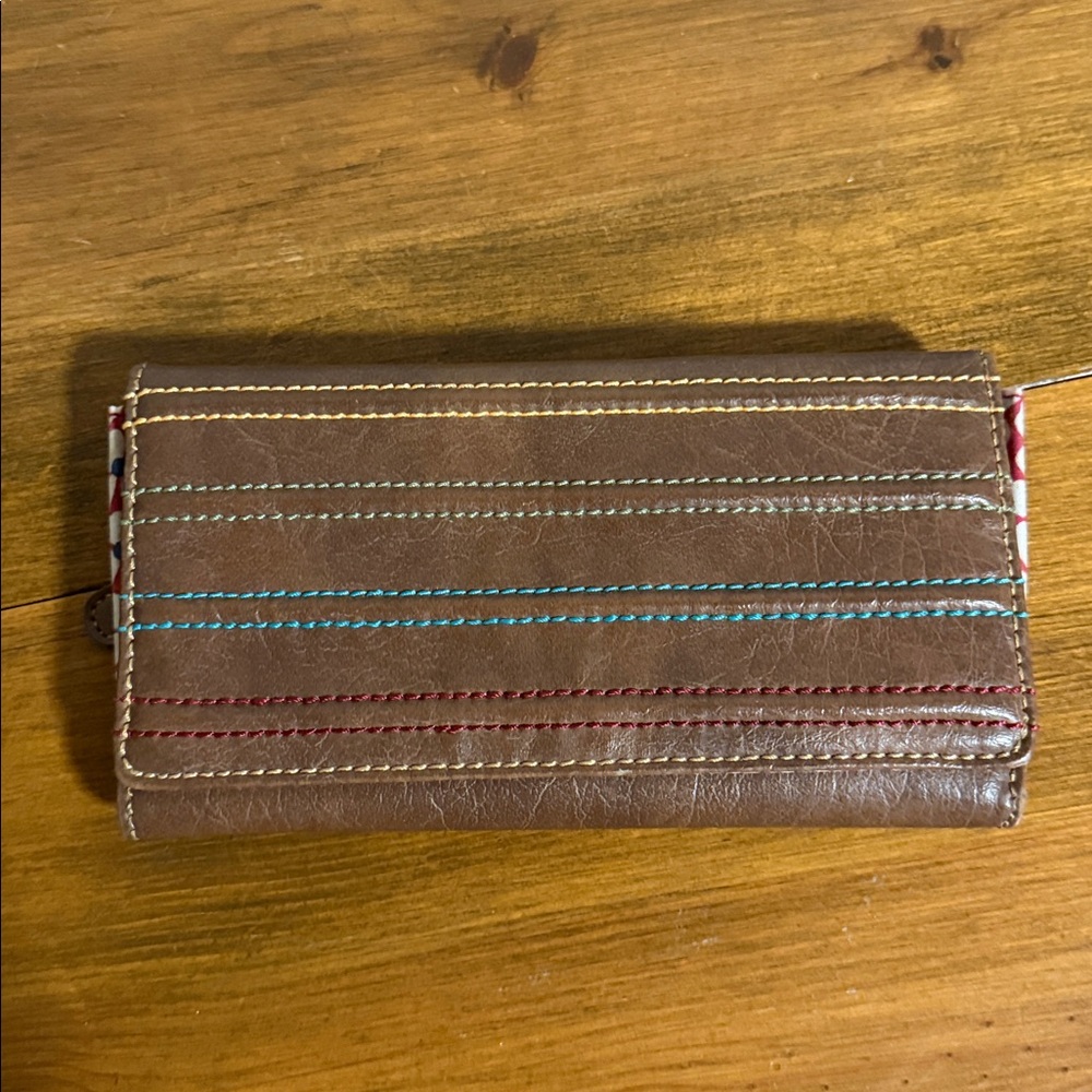 Axcess Liz Claiborne Brown Leather Rainbow Embroidered "Stripe It On Wallet
